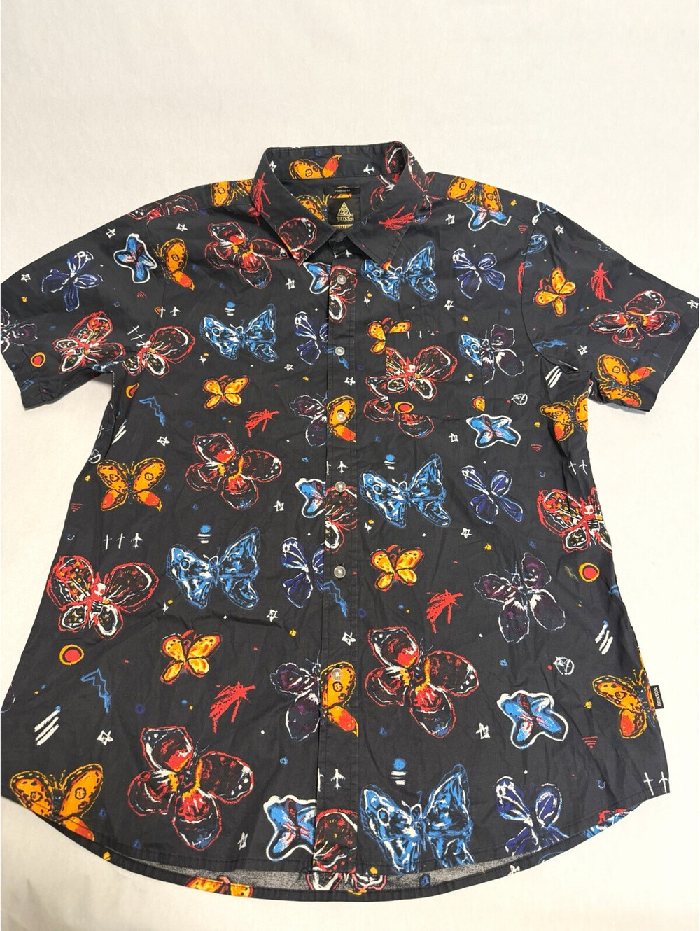 Brixton Visual Relay Butterfly Shirt Mens Large Black All Over Print Button Up